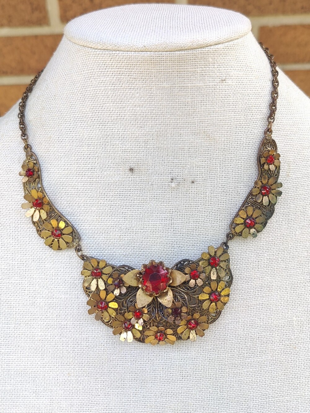 Antique Victorian Red Czech Glass Floral Necklace - Picture 3 of 9